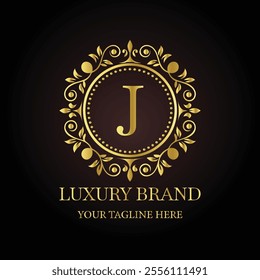 Elegant gold luxury brand logo design J with ornamental floral elements and customizable tagline  
