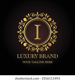Elegant gold luxury brand logo design I with ornamental floral elements and customizable tagline  

