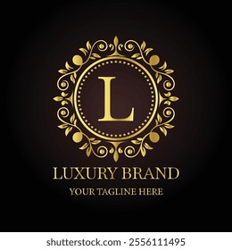 Elegant gold luxury brand logo design L with ornamental floral elements and customizable tagline  
