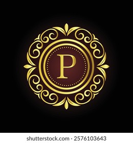 Elegant gold luxury brand logo design P with ornamental floral elements and customizable tagline  
