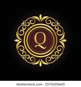 Elegant gold luxury brand logo design Q with ornamental floral elements and customizable tagline  
