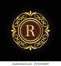 Elegant gold luxury brand logo design R with ornamental floral elements and customizable tagline  
