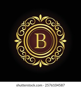 Elegant gold luxury brand logo design B with ornamental floral elements and customizable tagline  
