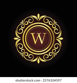 Elegant gold luxury brand logo design W with ornamental floral elements and customizable tagline  
