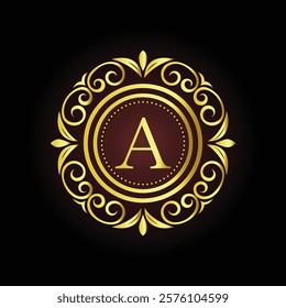 Elegant gold luxury brand logo design A with ornamental floral elements and customizable tagline  
