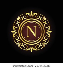 Elegant gold luxury brand logo design N with ornamental floral elements and customizable tagline  
