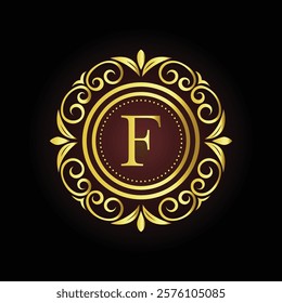Elegant gold luxury brand logo design F with ornamental floral elements and customizable tagline  
