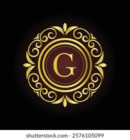 Elegant gold luxury brand logo design G with ornamental floral elements and customizable tagline  
