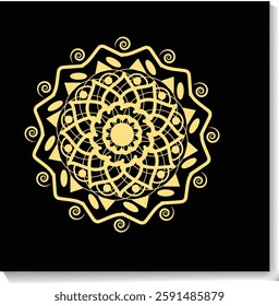 Elegant Gold Mandala Design on a Black Background. This captivating stock image features a detailed gold mandala design on a striking black background.