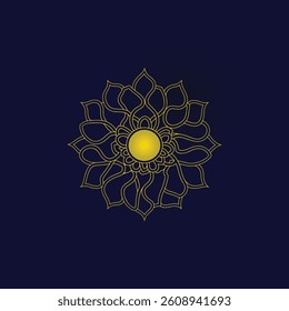 Elegant Gold Mandala Design on Dark Blue Background.A sophisticated mandala design in gold outlines on a deep navy blue backdrop.