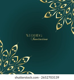 Elegant Gold Mandala Wedding Invitation Template on Dark Green Background