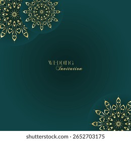 Elegant Gold Mandala Wedding Invitation Template on Dark Green Background