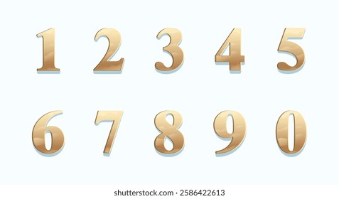 Elegant Gold Metallic Numbers Isolated on Light Blue Background, Vector Illustration Set, Doors and Apartment Plaques