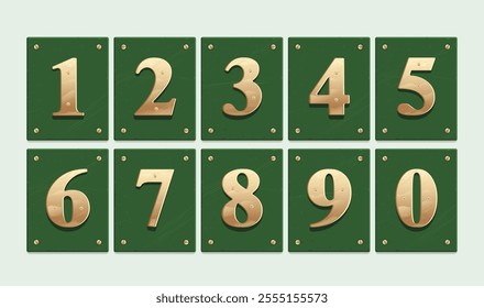 Elegant Gold Metallic Numbers on Green Background Plates, Vector Illustration, Doors and Apartment Plaques