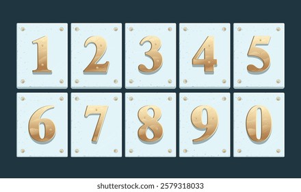 Elegant Gold Metallic Numbers on Light Blue Plates, Vector Illustration Set, Doors and Apartment Plaques