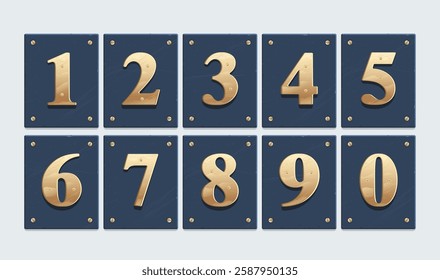 Elegant Gold Metallic Numbers on Blue Plates, Vector Illustration Set, Doors and Apartment Plaques ideal for creative design and decoration projects. The design highlights elegant typography