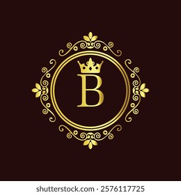 Elegant gold monogram with letter B and crown design in vintage floral frame on dark background  
