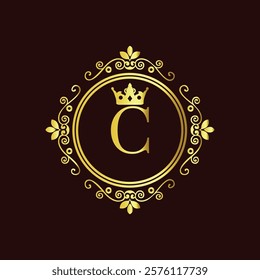 Elegant gold monogram with letter C and crown design in vintage floral frame on dark background  
