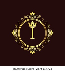 Elegant gold monogram with letter I and crown design in vintage floral frame on dark background  
