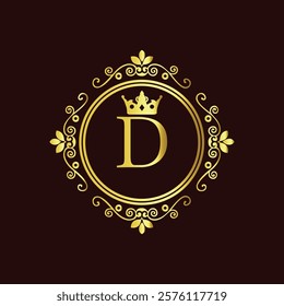 Elegant gold monogram with letter D and crown design in vintage floral frame on dark background  
