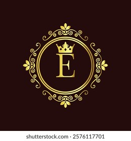 Elegant gold monogram with letter E and crown design in vintage floral frame on dark background  
