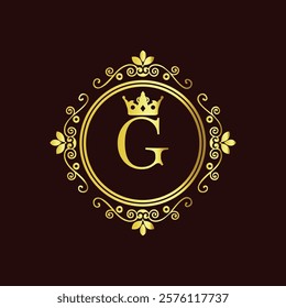 Elegant gold monogram with letter G and crown design in vintage floral frame on dark background  
