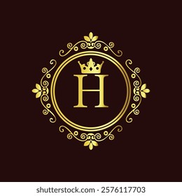 Elegant gold monogram with letter H and crown design in vintage floral frame on dark background  
