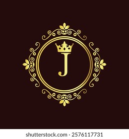 Elegant gold monogram with letter J and crown design in vintage floral frame on dark background  
