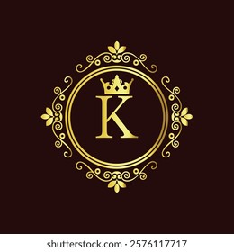 Elegant gold monogram with letter K and crown design in vintage floral frame on dark background  
