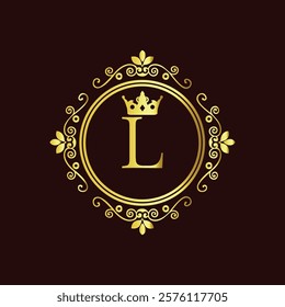 Elegant gold monogram with letter L and crown design in vintage floral frame on dark background  
