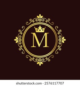 Elegant gold monogram with letter M and crown design in vintage floral frame on dark background  
