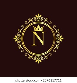 Elegant gold monogram with letter N and crown design in vintage floral frame on dark background  
