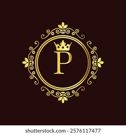 Elegant gold monogram with letter P and crown design in vintage floral frame on dark background  
