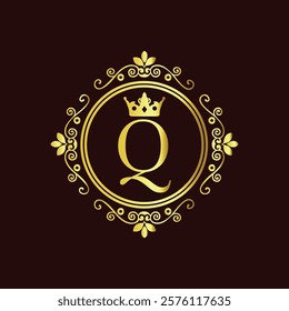 Elegant gold monogram with letter Q and crown design in vintage floral frame on dark background  
