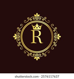 Elegant gold monogram with letter R and crown design in vintage floral frame on dark background  
