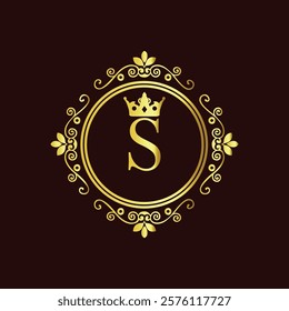 Elegant gold monogram with letter S and crown design in vintage floral frame on dark background  
