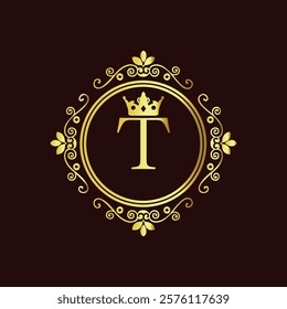 Elegant gold monogram with letter T and crown design in vintage floral frame on dark background  
