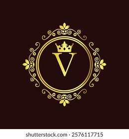 Elegant gold monogram with letter V and crown design in vintage floral frame on dark background  
