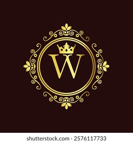 Elegant gold monogram with letter W and crown design in vintage floral frame on dark background  
