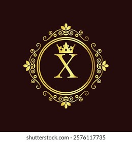 Elegant gold monogram with letter X and crown design in vintage floral frame on dark background  
