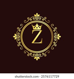 Elegant gold monogram with letter Z and crown design in vintage floral frame on dark background  
