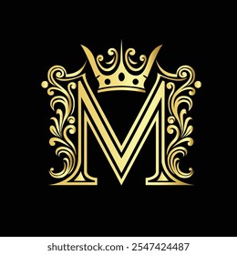 Elegant Gold Monogram M with Crown and Floral Ornament on Black Background