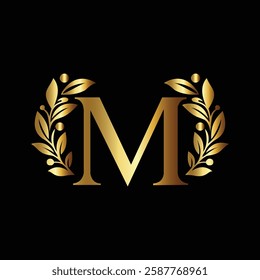Elegant Gold Monogram M with Floral Ornament on Black Background