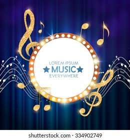 Elegant Gold Music Circle Banner with Notes & Treble Clef on Stage Curtain. Shining Design. Vector illustration