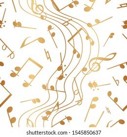 Elegant gold notes. Musical texture. Seamless pattern. Modern stylish golden background. Exquisite music design for wallpaper, gift wallpaper, wrapping paper, template, packaging, package, fabric