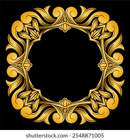 Elegant Gold Ornament Decoration. Luxury Premium Symmetrical Design with Shiny Glossy Black Background. Editable and Scalable Vector EPS for Graphic Design and Print