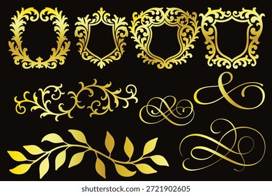 Elegantes marcos ornamentales de oro y scrollwork sobre fondo negro