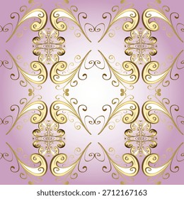 Elegante patrón de Vector ornamental de oro sobre un fondo rosa suave. Lujoso diseño sin costuras con Elementos barrocos giratorios, perfecto para textiles, Fondos de pantalla, papel de regalo, invitaciones y decoración.