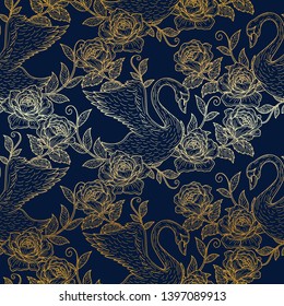 Elegant gold outlined seamless pattern of swan and floral roses in navy blue background.