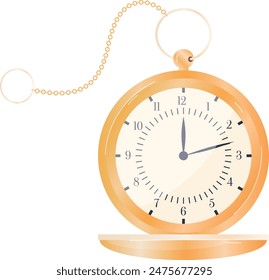 Elegante goldene Taschenuhr, klassische Uhrenkette. Klassisches Zubehör, Uhr zeigt Zeit vor isoliertem weißem Hintergrund. Antikes Uhrendesign, goldene Uhrenillustrierung, Zeitmessnostalgie